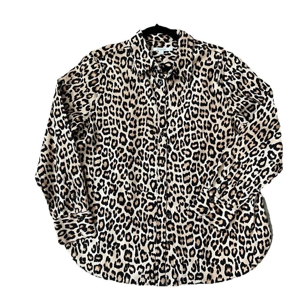 Chico’s Women’s Leopard Print Button Down Shirt Long Sleeve Size 2 Large Career